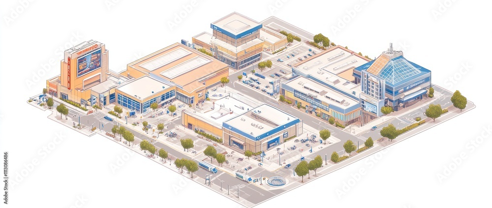 Fototapeta premium A detailed isometric illustration of a commercial shopping complex with various buildings and parking.