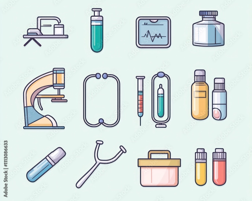 Medical equipment icons in flat vector style, ideal for healthcare and pharmacy apps Medical equipment icons in flat vector style, ideal for healthcare and pharmacy apps
