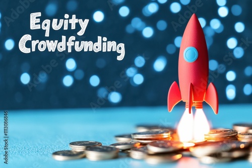 Conceptual design showing rocket launching from coins with equity crowdfunding text illustrating startup growth photo