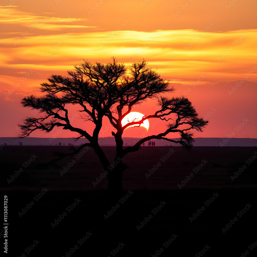 Mesmerizing view of the silhouette of a tree in the savanna plains during sunset Mesmerizing view of the silhouette of a tree in the savanna plains during sunset