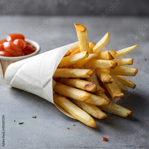 Paper cornet with French fries in a spiral cone holder
