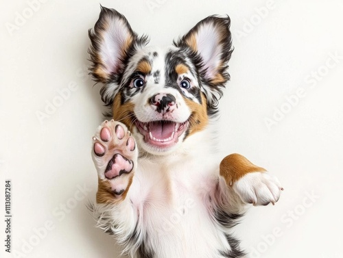 minimal photostock of a  The puppy of Australian Shepherd is lying on his back giving a paw , isolated on white background,  , copy space, copy space for text,