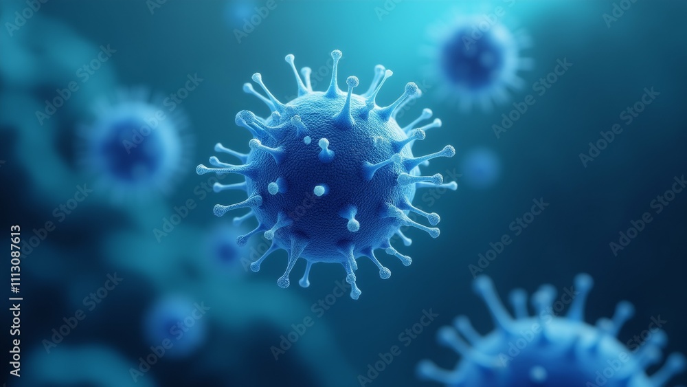 The image is a close-up of a blue-colored virus, which appears to be a type of coronavirus. The virus is spherical in shape and has multiple spikes protruding from its surface. The image is a close-up of a blue-colored virus, which appears to be a type of coronavirus. The virus is spherical in shape and has multiple spikes protruding from its surface.