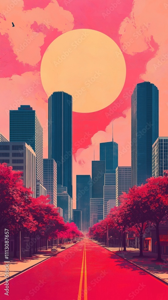Obraz premium Bright city street view illustration. Modern skyline with giant skyscrapers. Bold colors evoke retro-futuristic style. Pink street, trees with pink foliage create vibrant scene. Sky vivid pink, pale