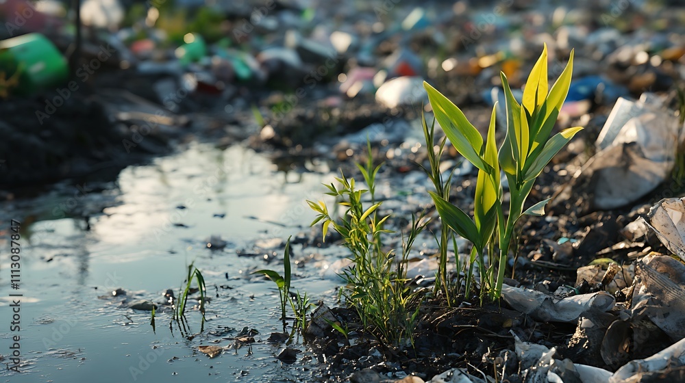 Green plants grow in a trash pollution environment, symbolizing climate ...