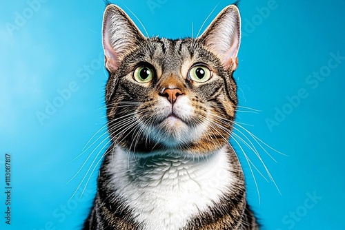 minimal photostock of a  Studio shot of a gray and white striped cat sitting on blue background , isolated on white background,  , copy space, copy space for text, photo