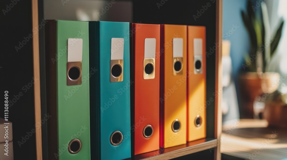 A colorful arrangement of office binders on a shelf, organized for document storage. A colorful arrangement of office binders on a shelf, organized for document storage.