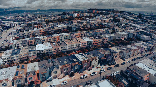 APRIL 4, 2024, PORTOLA, SAN FRANCISCO, CA - aerial of row houses of Portola, Victorian - south San Francisco