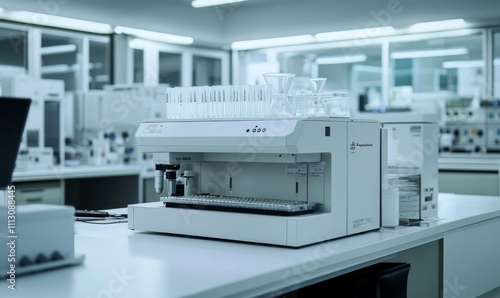 Newsletter with detailed scientific data and research highlights, positioned on a white lab bench, with a backdrop of neatly organized lab instruments and a spotless laboratory environment.