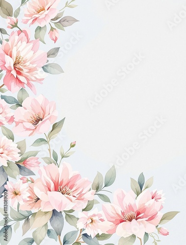 Delicate watercolor floral pattern with soft pink petals and greenery, set against a pale blue background , natural beauty, serene landscape, pastel flowers, gentle hues, soft colors.
