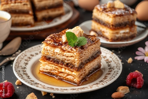 Sweet Baklava with Honey on Dark Table: Traditional Food Photography