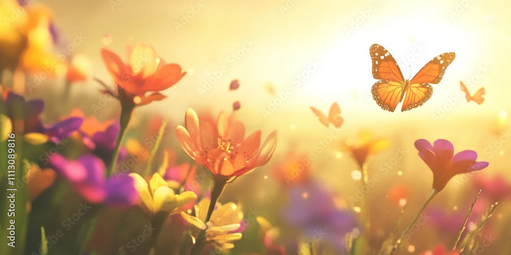 A vibrant floral meadow with butterflies fluttering and soft sunlight casting a golden glow. The joyful and colorful setting captures the beauty of springtime. A vibrant floral meadow with butterflies fluttering and soft sunlight casting a golden glow. The joyful and colorful setting captures the beauty of springtime.