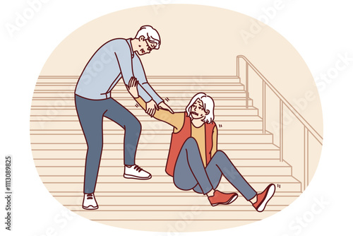 Elderly man helps fallen old woman up while descending street staircase. Gray-haired caring grandfather provides first aid to grandmother who has fallen on walk and descending stairs