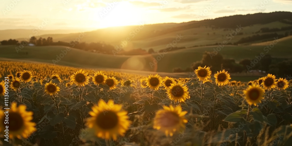 Fototapeta premium A tranquil sunset over a rolling field of sunflowers, with the golden sun casting warm light on the vibrant blooms. The peaceful and picturesque scene feels full of life.