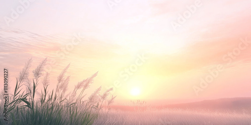 A serene sunset over a rolling meadow, with tall grasses swaying in the breeze and soft pink and orange hues in the sky. The peaceful and pastoral scene feels calming.