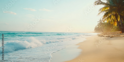 A serene tropical beach with soft white sand, turquoise waves gently lapping at the shore, and palm trees swaying in the breeze. The idyllic setting feels like paradise.