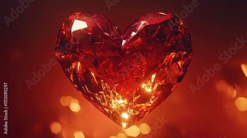 Glimmering Red Heart-Shaped Gemstone with Sparkling Light Reflections