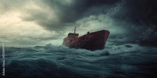 A dramatic stormy coastline with towering waves, dark clouds, and a lone ship braving the rough seas. The intense and powerful scene captures the raw energy of nature.