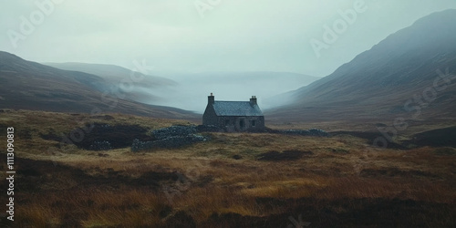 A dramatic Scottish moorland with rolling hills, mist clinging to the ground, and a lone stone cottage in the distance. The rugged and remote setting feels steeped in history.