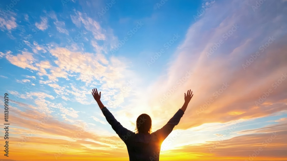 A person with outstretched arms against a vibrant sunset sky. A person with outstretched arms against a vibrant sunset sky.