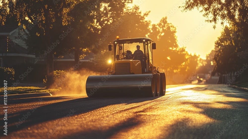 A road roller operates on a sunlit street, smoothing asphalt for road maintenance. A road roller operates on a sunlit street, smoothing asphalt for road maintenance.