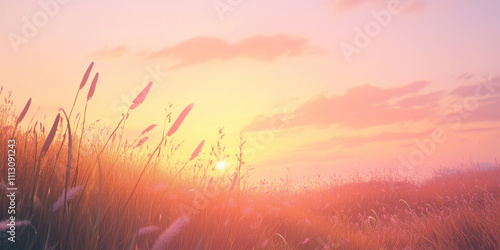 A serene sunset over a rolling meadow, with tall grasses swaying in the breeze and soft pink and orange hues in the sky. The peaceful and pastoral scene feels calming.