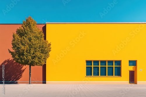 Autumnal School Architecture with Stone Wall Building