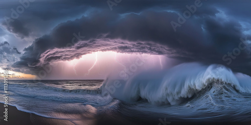 A dramatic ocean storm with crashing waves, dark clouds, and flashes of lightning illuminating the turbulent sea. The intense setting captures the raw power of nature.