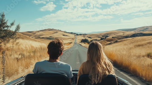 A couple in the back of a car driving down a long straight road in a vast, open field. photo