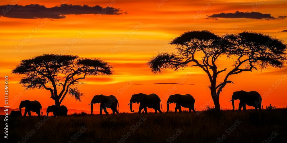 A dramatic savanna landscape at sunset, with silhouettes of acacia trees, a herd of elephants in the distance, and a fiery orange sky. The majestic and wild setting feels timeless. A dramatic savanna landscape at sunset, with silhouettes of acacia trees, a herd of elephants in the distance, and a fiery orange sky. The majestic and wild setting feels timeless.