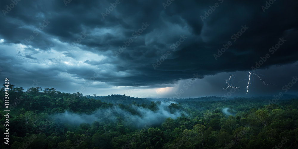 A dramatic storm over a dense rainforest, with dark clouds rolling in, lightning striking in the distance, and mist rising from the treetops. The wild and powerful setting feels alive. A dramatic storm over a dense rainforest, with dark clouds rolling in, lightning striking in the distance, and mist rising from the treetops. The wild and powerful setting feels alive.