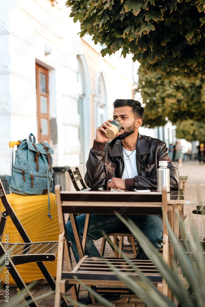 An Indian man drinking coffee from reusable cup in street cafe. An Indian man drinking coffee from reusable cup in street cafe.