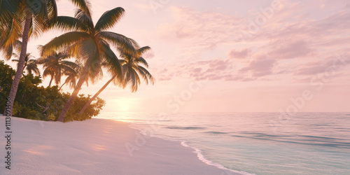 A serene tropical beach with white sand, crystal-clear water, and tall palm trees swaying in a gentle breeze. The peaceful scene is illuminated by a soft pink sunset on the horizon.