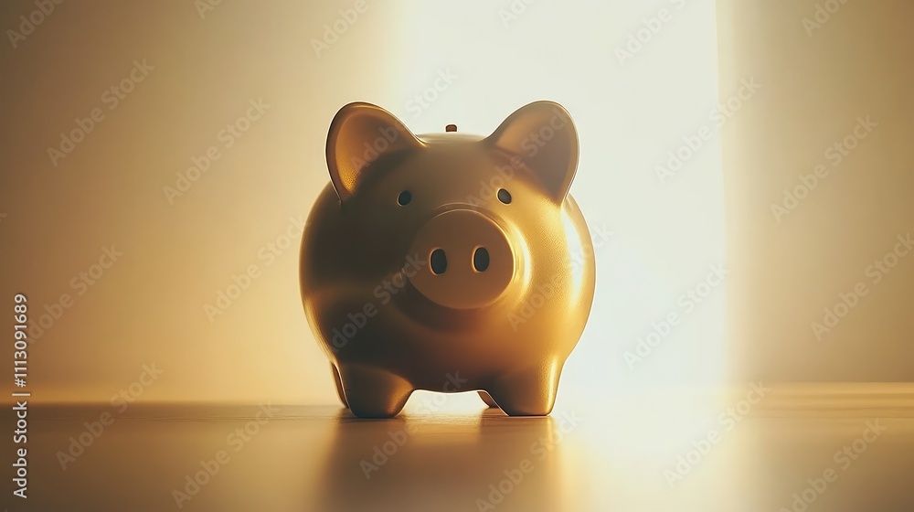 Golden Piggy Bank with Soft Light Background for Financial Savings Golden Piggy Bank with Soft Light Background for Financial Savings