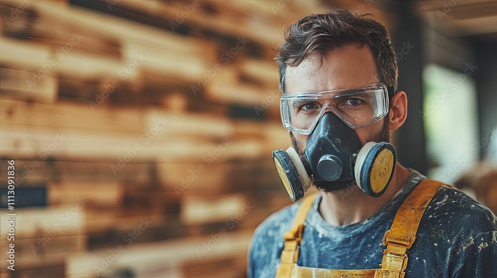 A Carpenter Wearing Safety Gear In His Workshop A Carpenter Wearing Safety Gear In His Workshop