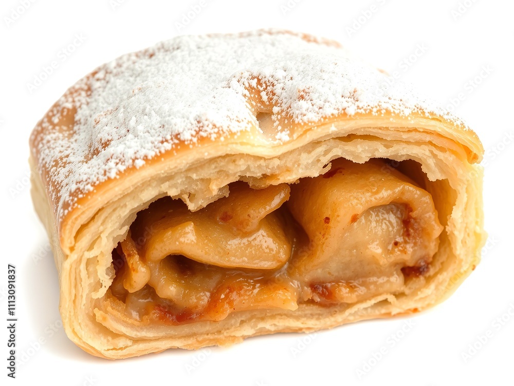 A slice of apple strudel with golden flaky pastry, visible apple and cinnamon filling, and a dusting of powdered sugar A slice of apple strudel with golden flaky pastry, visible apple and cinnamon filling, and a dusting of powdered sugar