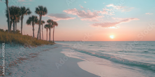 A serene tropical beach with white sand, crystal-clear water, and tall palm trees swaying in a gentle breeze. The peaceful scene is illuminated by a soft pink sunset on the horizon.