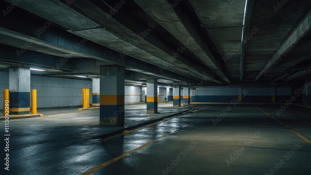 Vacant underground parking facility in modern building Vacant underground parking facility in modern building