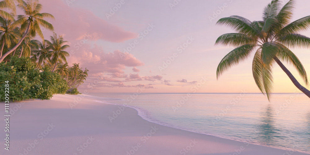 Fototapeta premium A serene tropical beach with white sand, crystal-clear water, and tall palm trees swaying in a gentle breeze. The peaceful scene is illuminated by a soft pink sunset on the horizon.