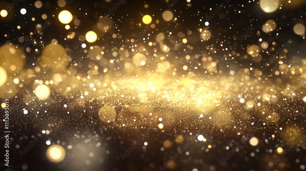 Golden Bokeh Lights and Glittering Particles on Black Background Golden Bokeh Lights and Glittering Particles on Black Background