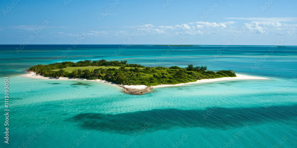 A tranquil island paradise with turquoise waters, white sandy beaches, and lush green vegetation under a bright tropical sun. The serene and untouched setting feels idyllic.