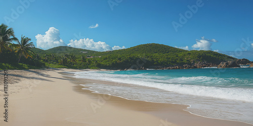 A serene tropical beach with soft white sand, turquoise waves gently lapping at the shore, and palm trees swaying in the breeze. The idyllic setting feels like paradise.