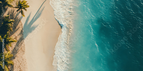 A serene tropical beach with soft white sand, turquoise waves gently lapping at the shore, and palm trees swaying in the breeze. The idyllic setting feels like paradise.