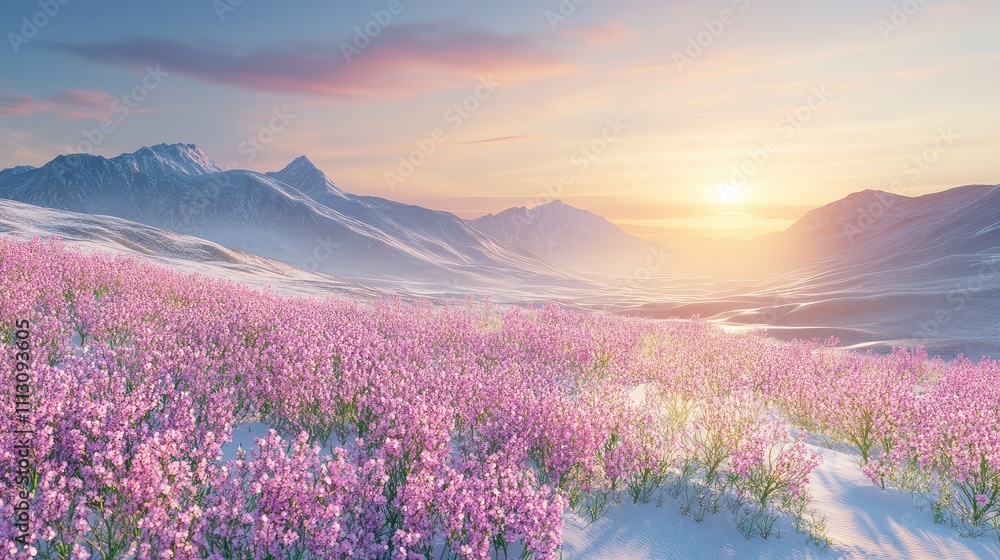 Serene Landscape with Pink Flowers and Snow-Capped Mountains at Sunrise Serene Landscape with Pink Flowers and Snow-Capped Mountains at Sunrise
