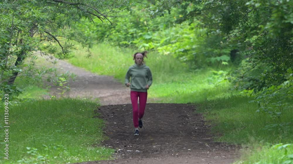 Fit woman jogging along footpath in park during physical activity, summer workout. Sportsperson wearing sportswear - hoodie, red raspberry colored joggers and sneakers. Full length view, real time Fit woman jogging along footpath in park during physical activity, summer workout. Sportsperson wearing sportswear - hoodie, red raspberry colored joggers and sneakers. Full length view, real time