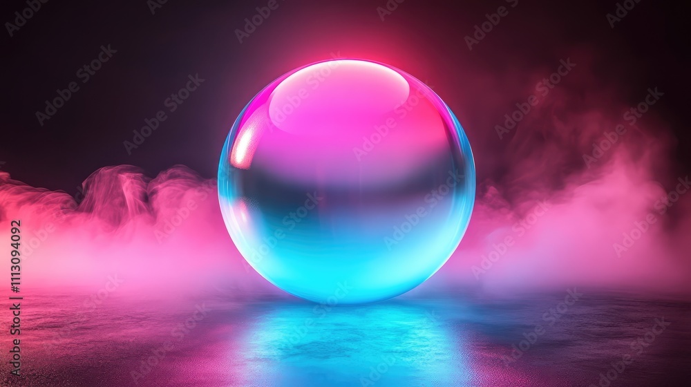 Vibrant Reflective Sphere with Neon Colors and Fog Effects Vibrant Reflective Sphere with Neon Colors and Fog Effects