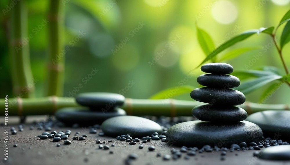 A serene arrangement of stones on a water surface set against a tranquil bamboo backdrop, promoting relaxation, balance, and tranquility in a natural setting. Ideal for concepts of zen and meditation. A serene arrangement of stones on a water surface set against a tranquil bamboo backdrop, promoting relaxation, balance, and tranquility in a natural setting. Ideal for concepts of zen and meditation.