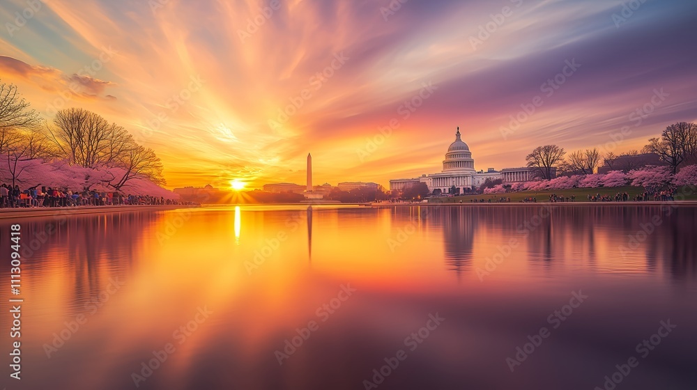 A stunning sunset over DC highlights the Capitol and Monument, framed by cherry blossoms and picnics. A stunning sunset over DC highlights the Capitol and Monument, framed by cherry blossoms and picnics.