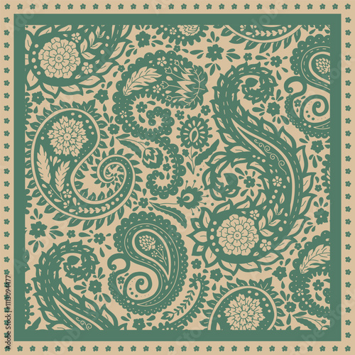 Floral scarf design with monochrome paisley motifs. Persian boho chic repeat background. Tribal textile print.
