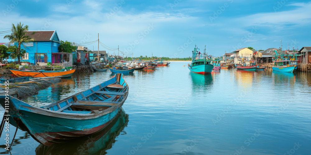 Obraz premium A tranquil fishing village with colorful boats anchored in the harbor, quaint houses, and a calm sea. The peaceful setting evokes simplicity and charm.